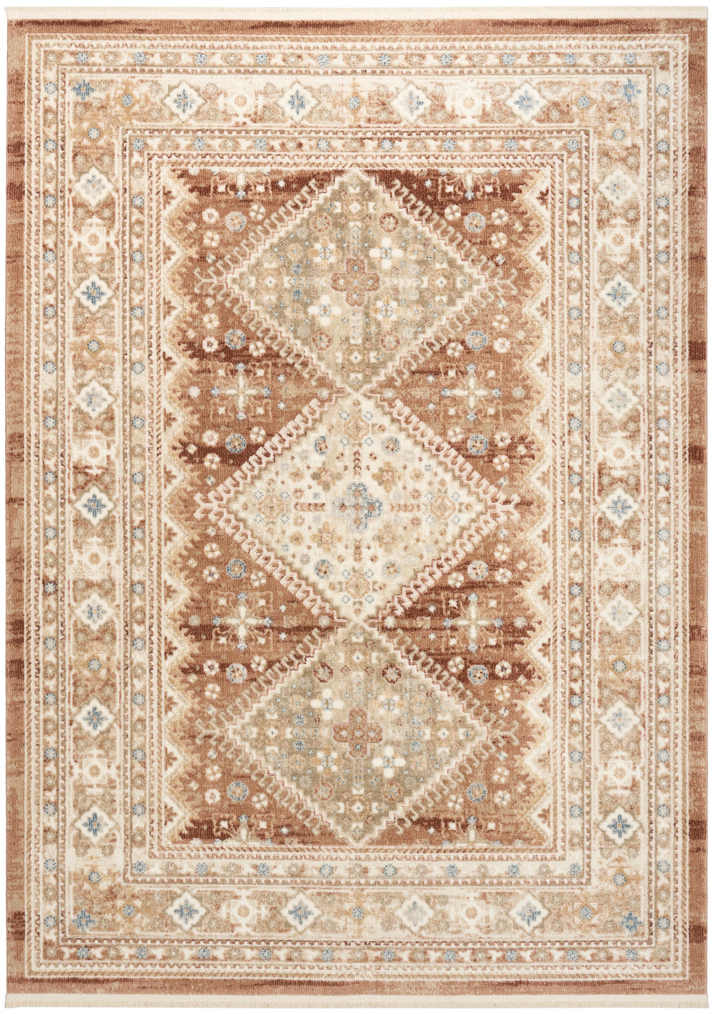 Rectangular Persian-style area rug with diamond medallions in cream, beige & brown, blue accents, ornate multi-border.