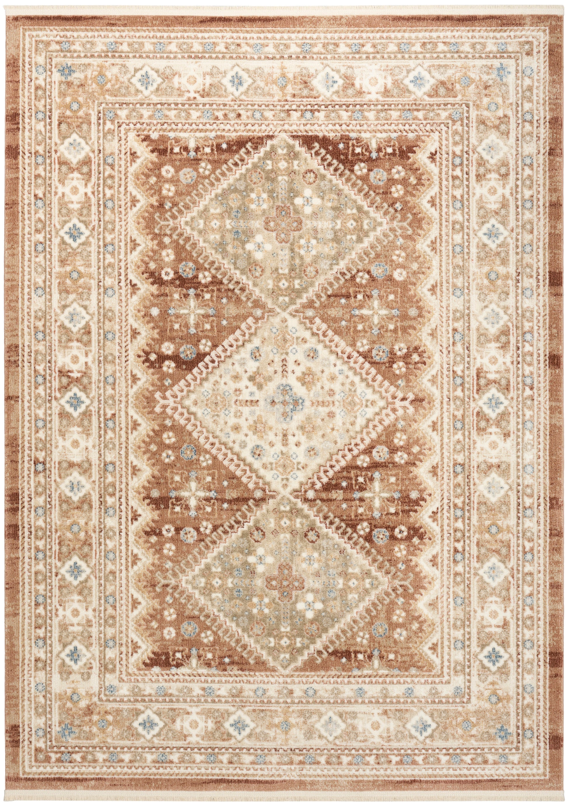 Rectangular Persian-style area rug with diamond medallions in cream, beige & brown, blue accents, ornate multi-border.