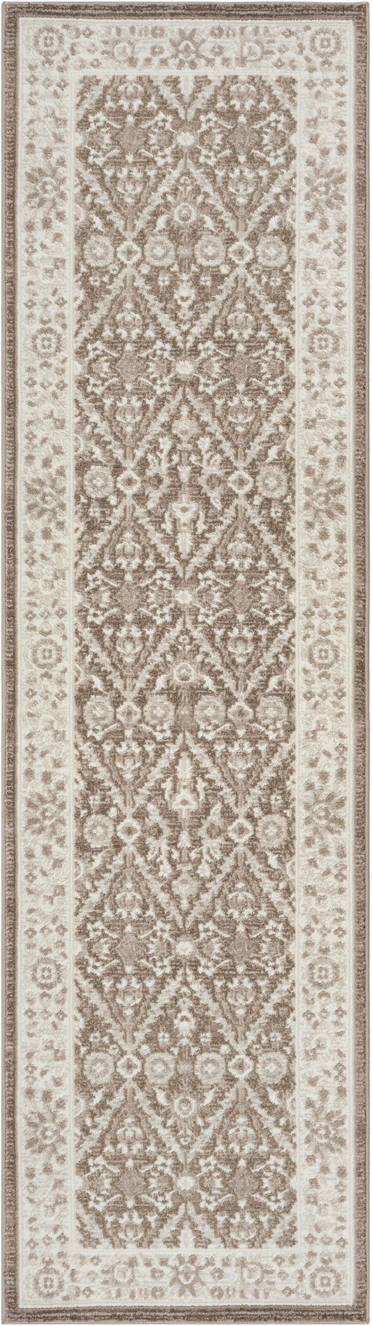 Rectangular oriental-style rug in cream and taupe with a repeating floral damask in the center and bordered edges.