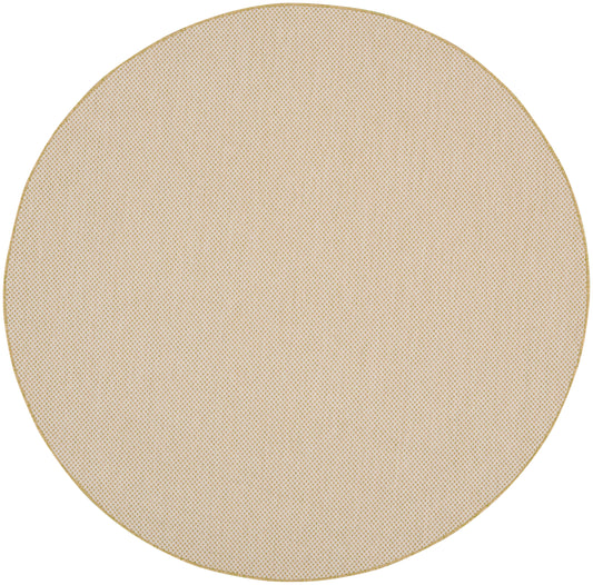 Beige circular textured rug with a tiny dot pattern and gold rim, 5' round.