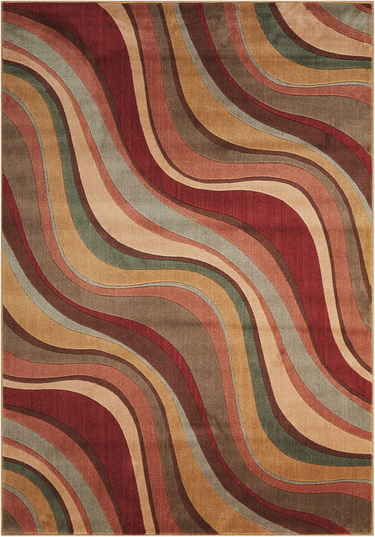 Abstract area rug with multicolored wavy stripes in burgundy, tan, olive, teal, and beige.