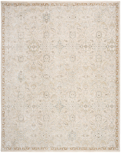Beige cream traditional rug with subtle distressed floral pattern and decorative border.