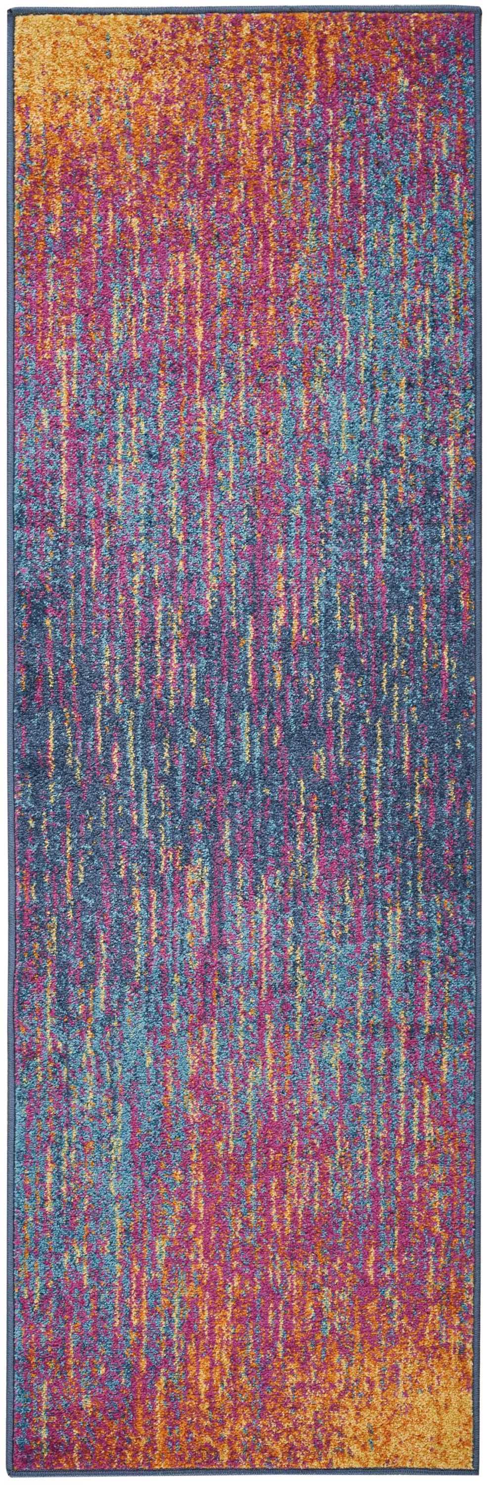 Long abstract multicolor rug runner with vertical orange, pink, teal and purple streaks and a blue border.