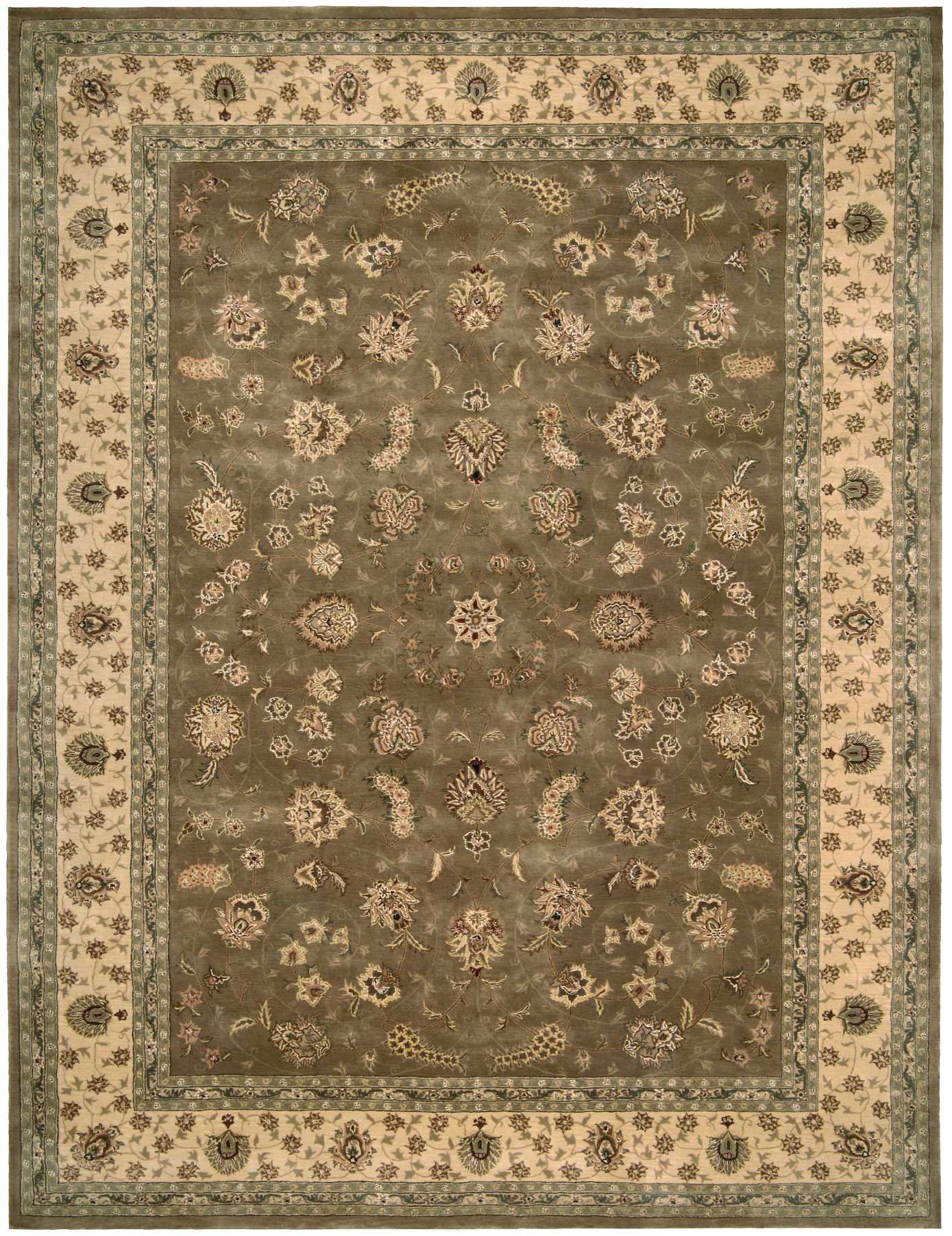 Traditional oriental rug with muted olive-gray field and cream/beige ornate floral border, dense floral motifs throughout.