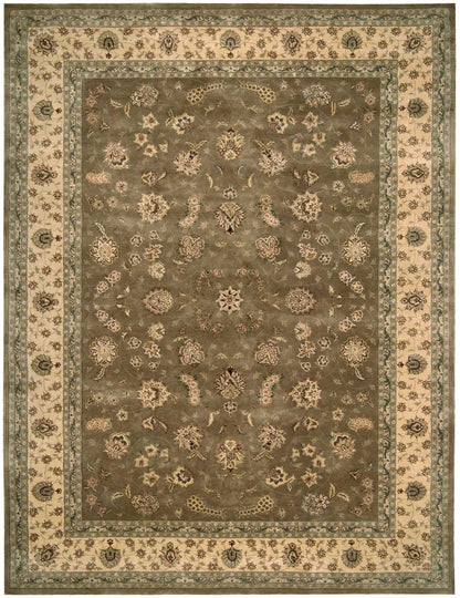 Traditional oriental rug with muted olive-gray field and cream/beige ornate floral border, dense floral motifs throughout.