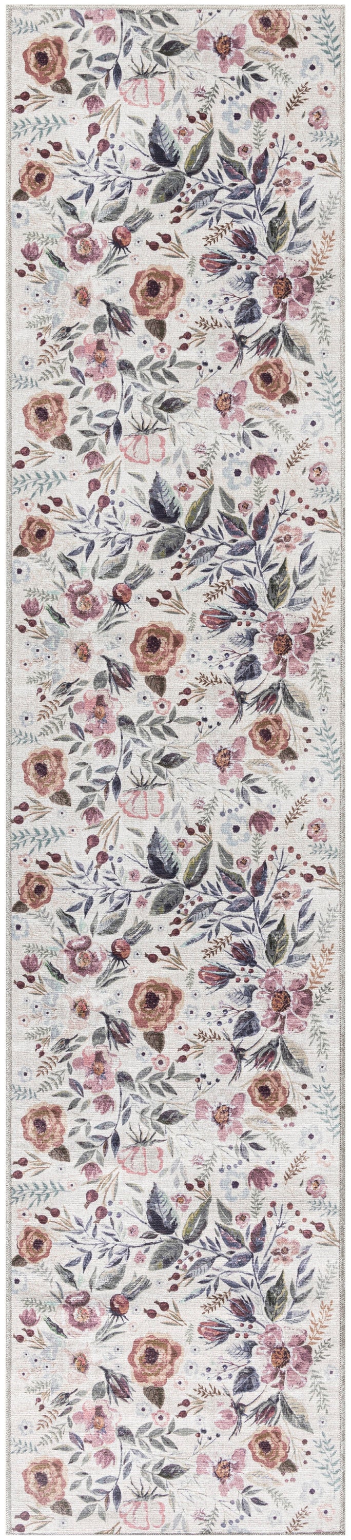 Pastel floral runner rug with pink, peach, lavender blooms and blue-green leaves on cream background.