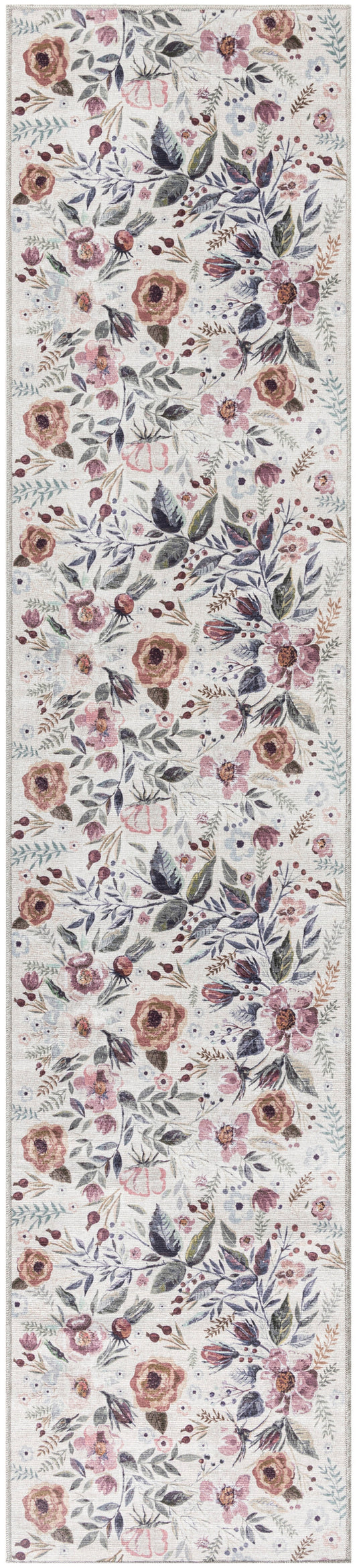 Pastel floral runner rug with pink, peach, lavender blooms and blue-green leaves on cream background.