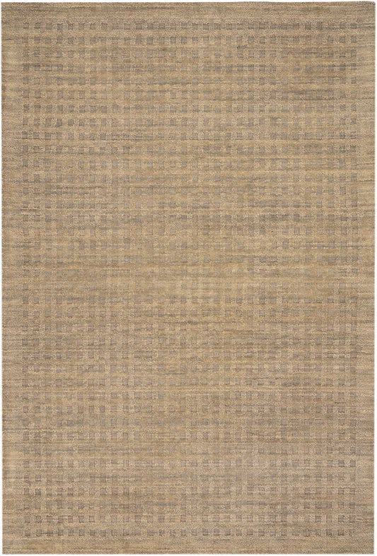 Beige flat-weave rug with a subtle checkerboard grid in taupe tones; neutral, versatile for living room or bedroom.