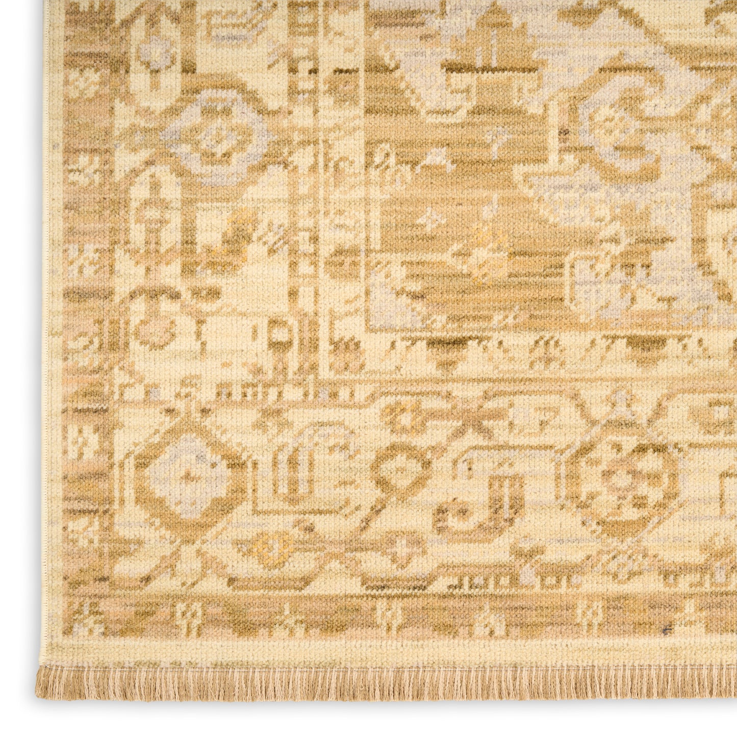 Beige oriental rug with intricate geometric patterns in cream and tan, fringed edge.