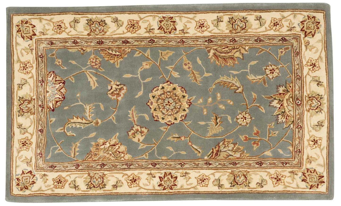 Traditional oriental area rug: blue central field with ivory floral border and beige outer frame.