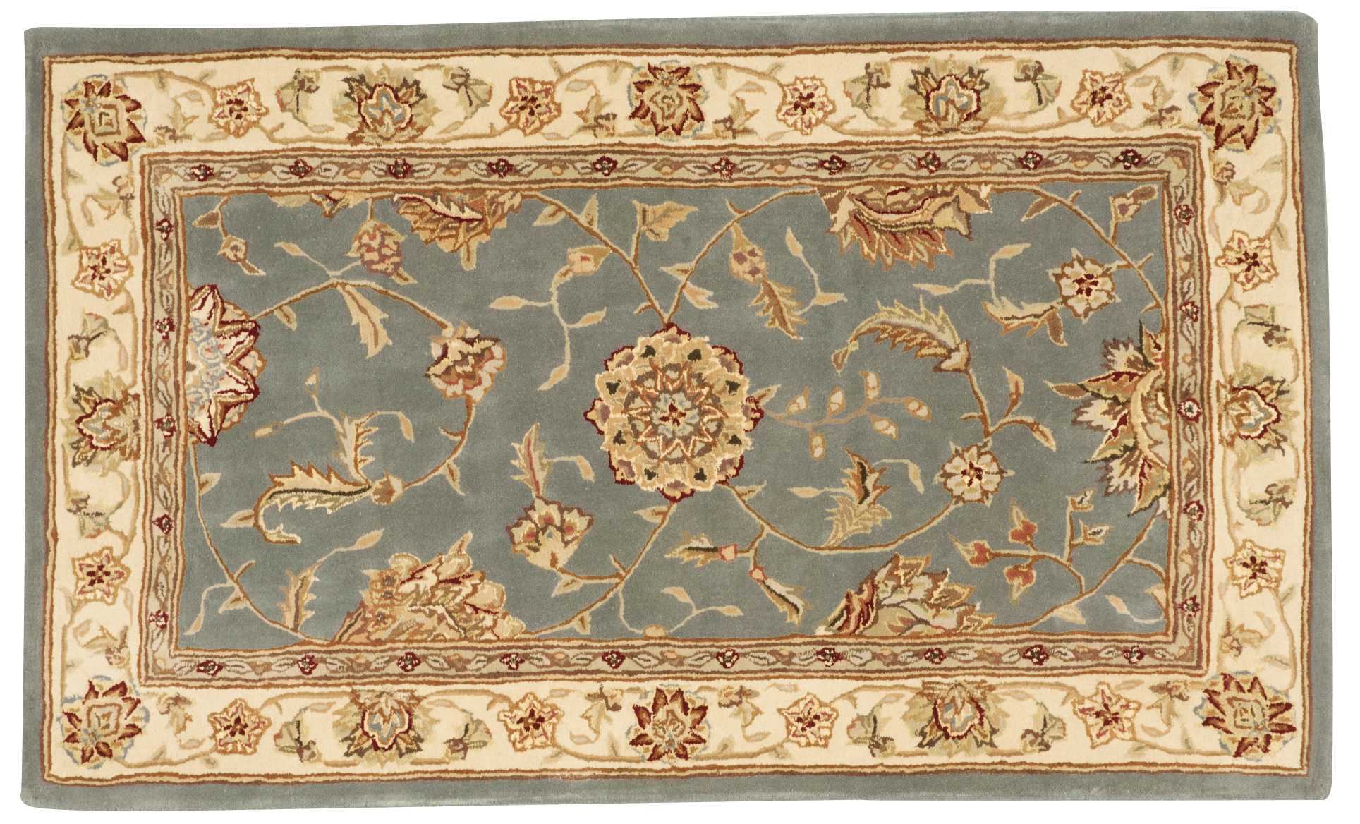 Traditional oriental area rug: blue central field with ivory floral border and beige outer frame.