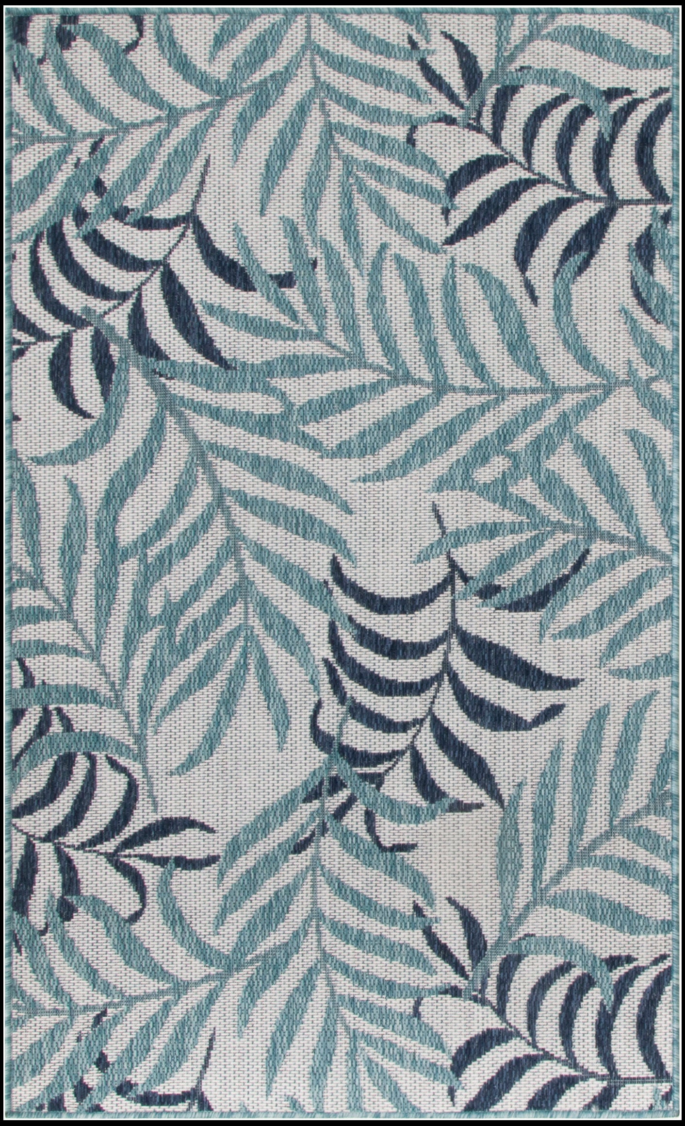 Teal and navy palm-leaf patterned woven rug, rectangular and tropical coastal style for living room floors.