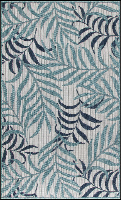 Teal and navy palm-leaf patterned woven rug, rectangular and tropical coastal style for living room floors.