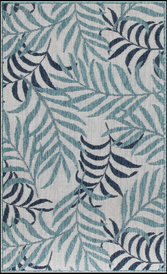 Teal and navy palm-leaf patterned woven rug, rectangular and tropical coastal style for living room floors.