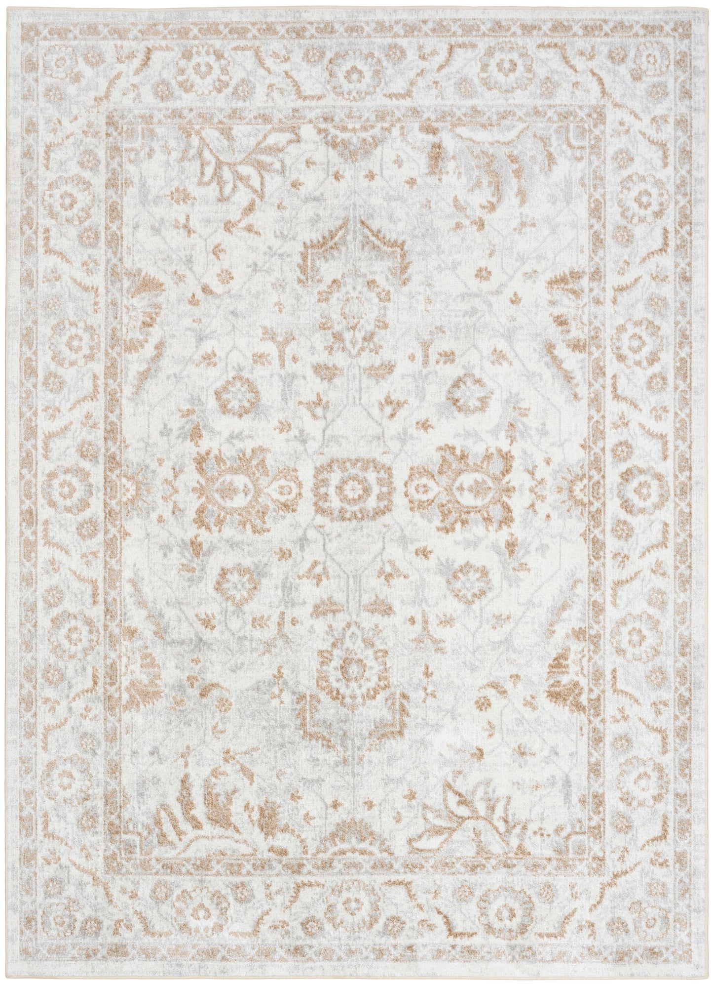 Cream oriental area rug with muted beige floral medallion & ornate border; vintage distressed look.