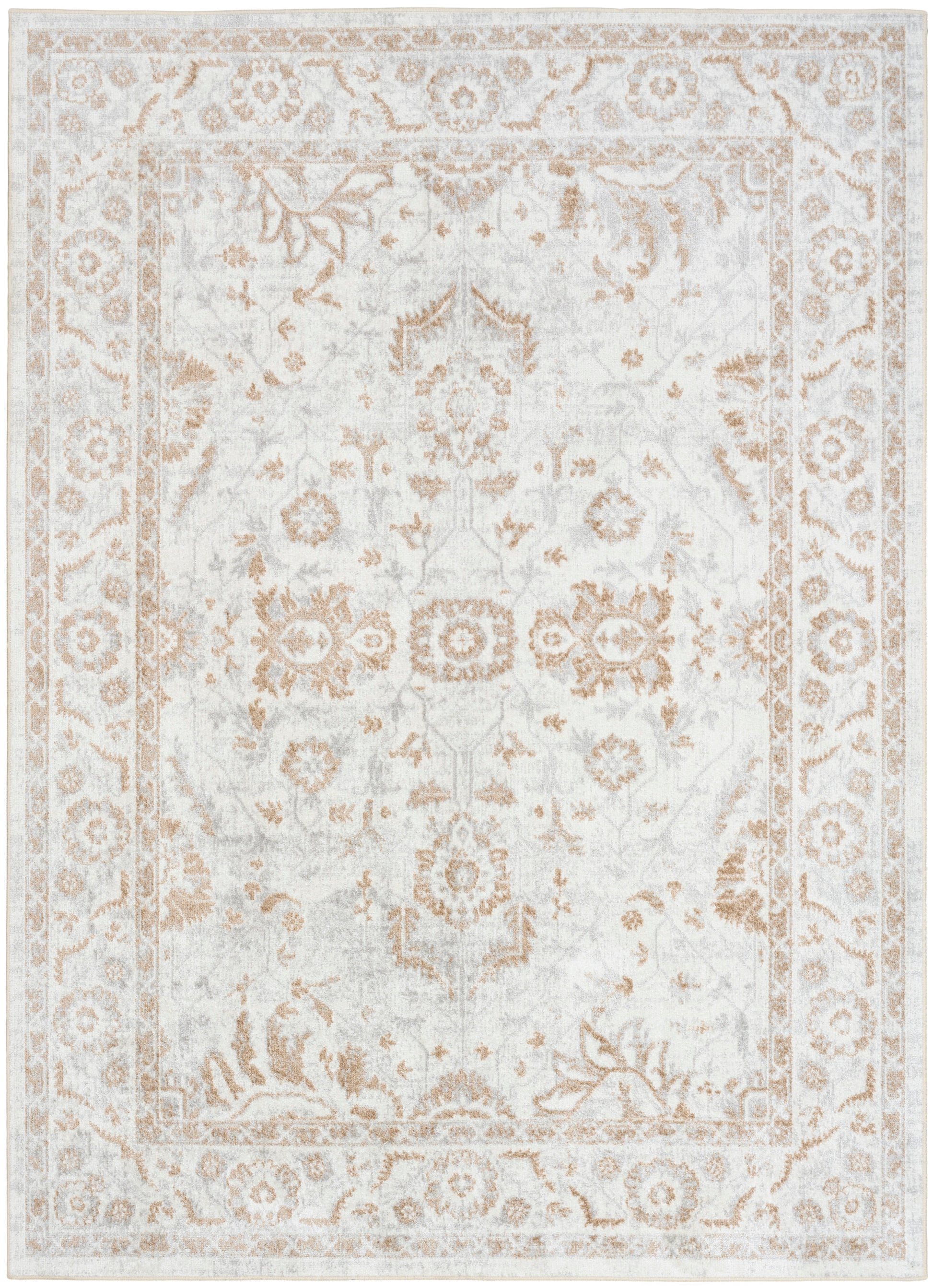 Cream oriental area rug with muted beige floral medallion & ornate border; vintage distressed look.