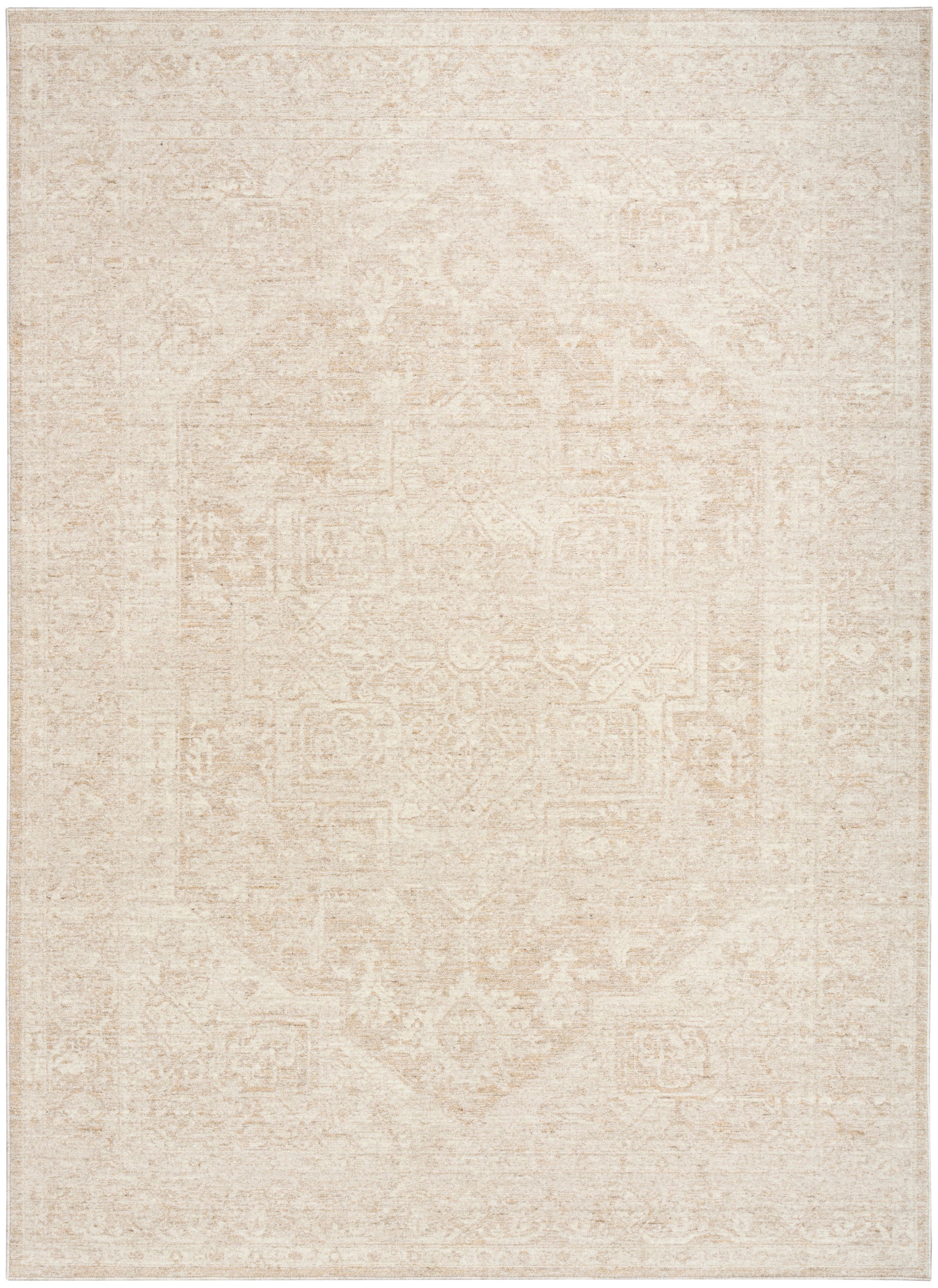 Beige distressed oriental rug with a faint ivory medallion pattern and soft woven texture.