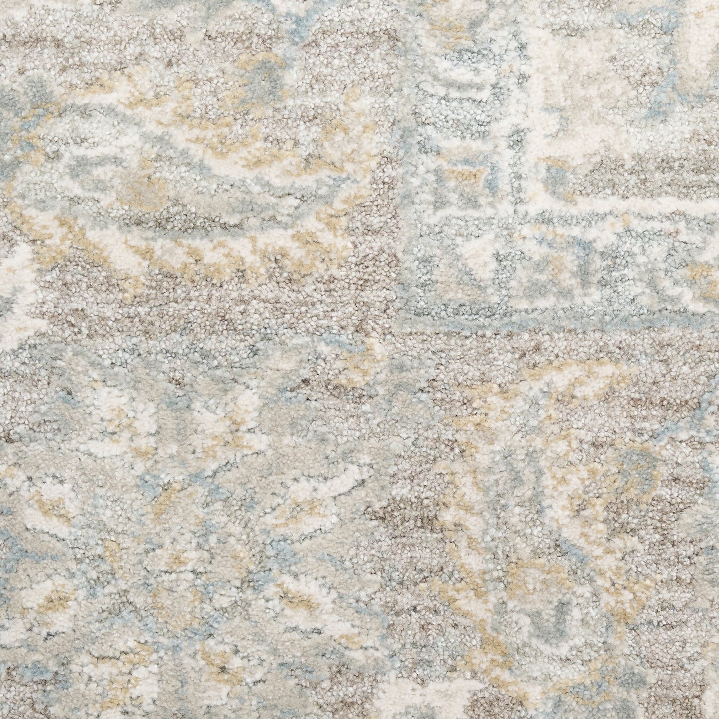 Neutral-toned abstract area rug with pale blue, beige, taupe and gray hues in a distressed pattern, low-pile.