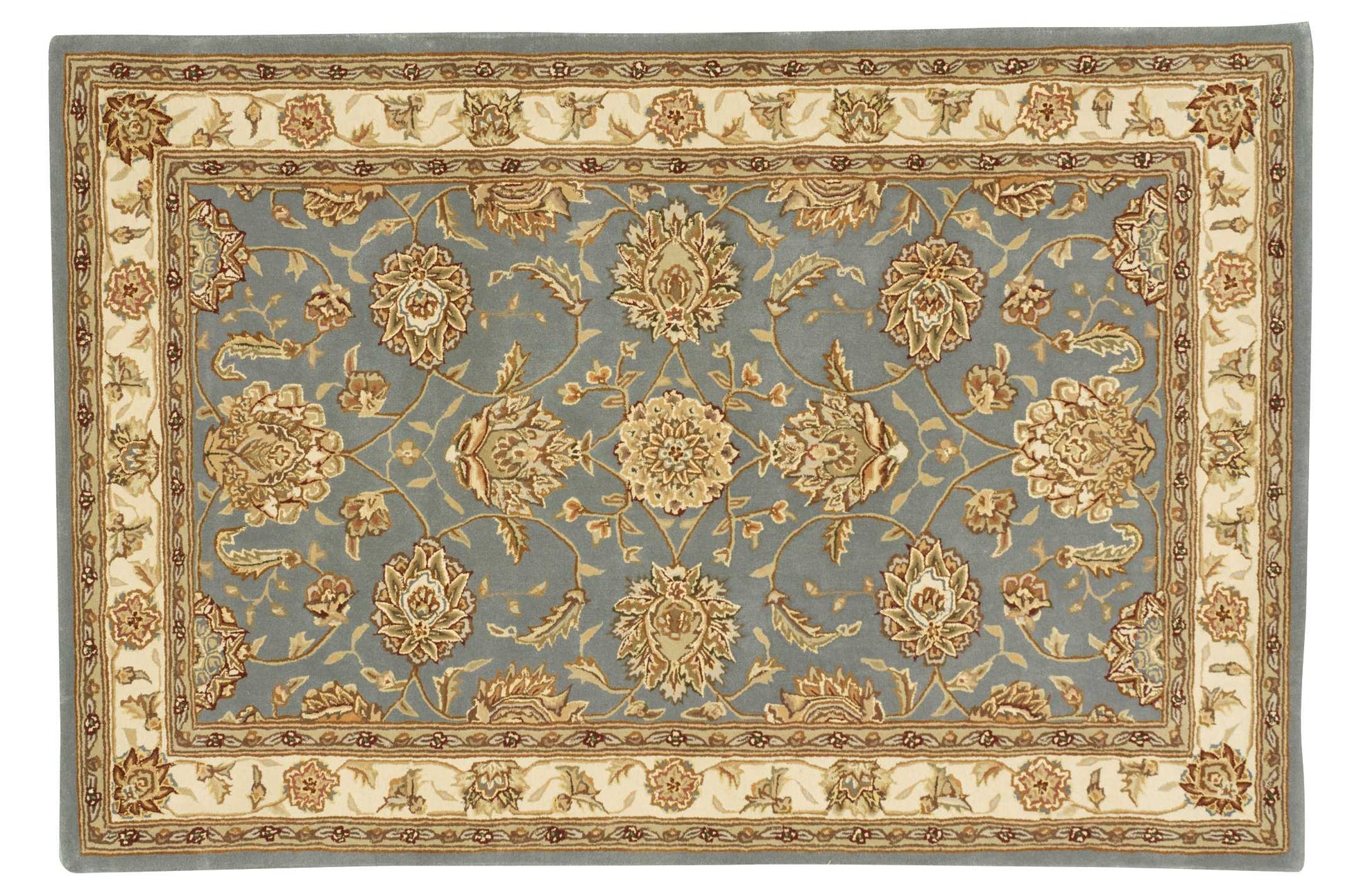 Rectangular blue Persian-style area rug with cream-gold floral motif and a beige border.