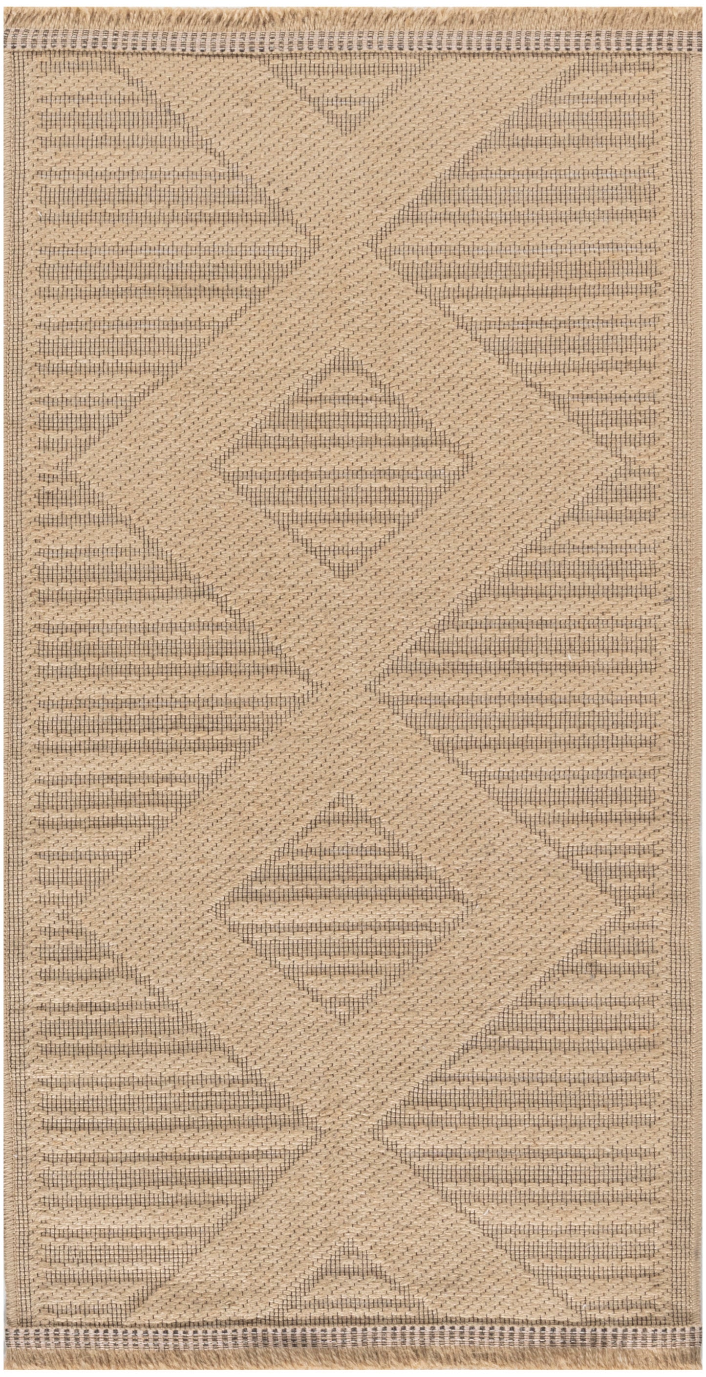 Beige woven area rug with oversized diamond motifs and fringed ends.