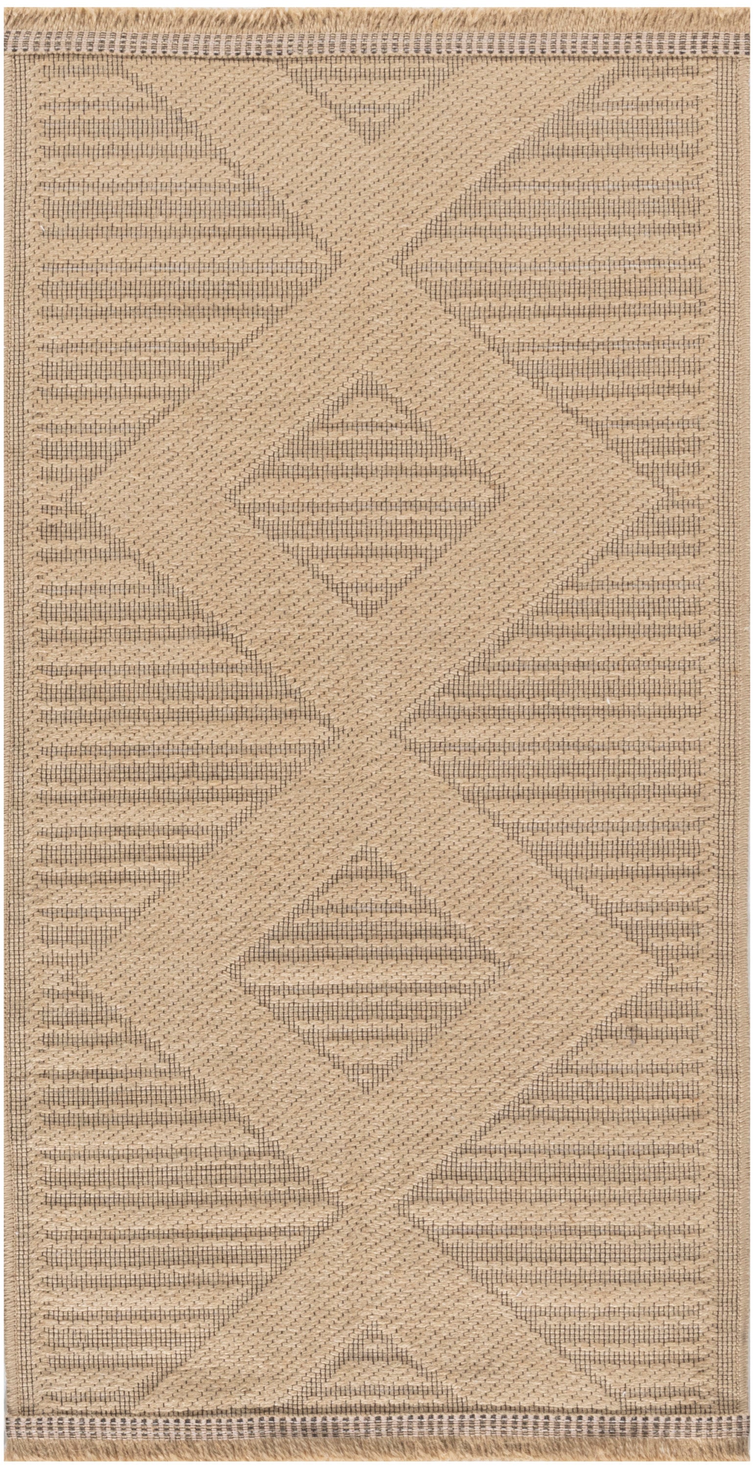 Beige woven area rug with oversized diamond motifs and fringed ends.