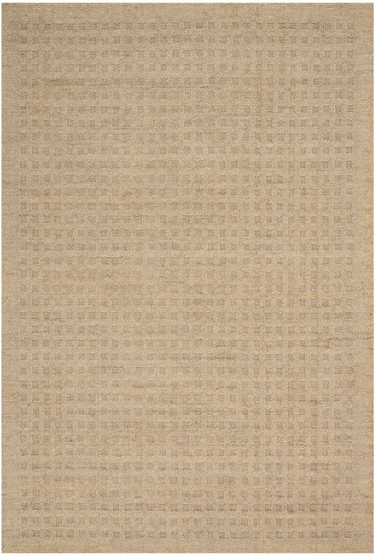 Beige textured area rug with subtle woven grid pattern and natural, low-pile look.