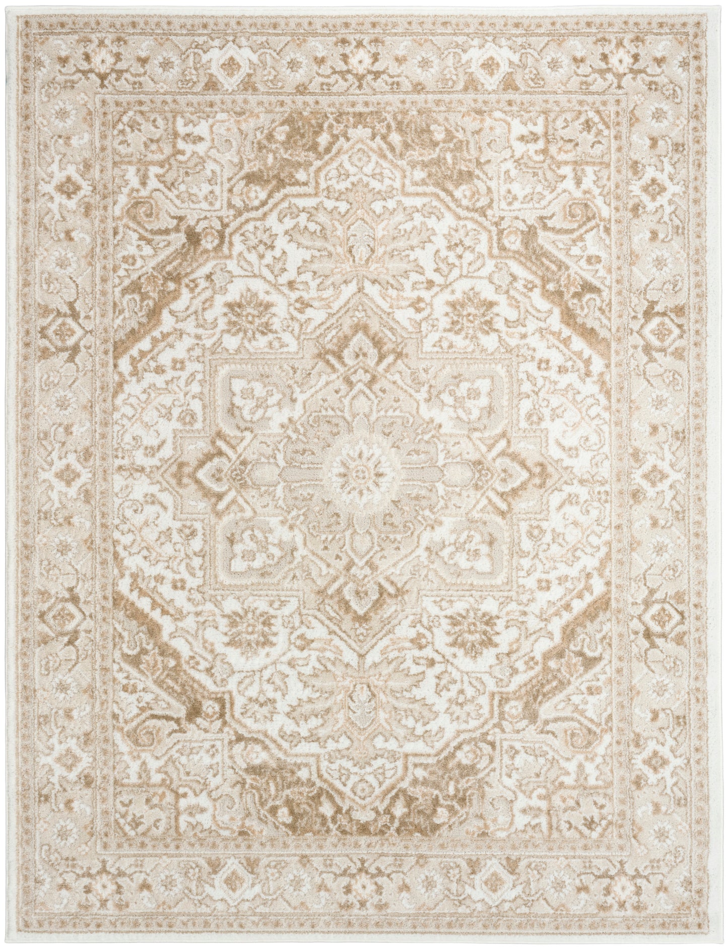 Beige Persian-style area rug with cream central medallion and floral borders; traditional oriental design.