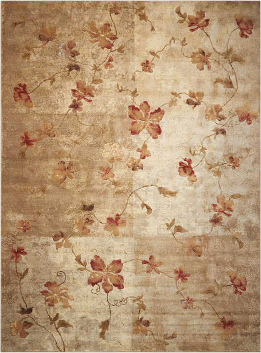 Vintage-style beige rug featuring faded red and pink floral vines on a distressed parchment background.