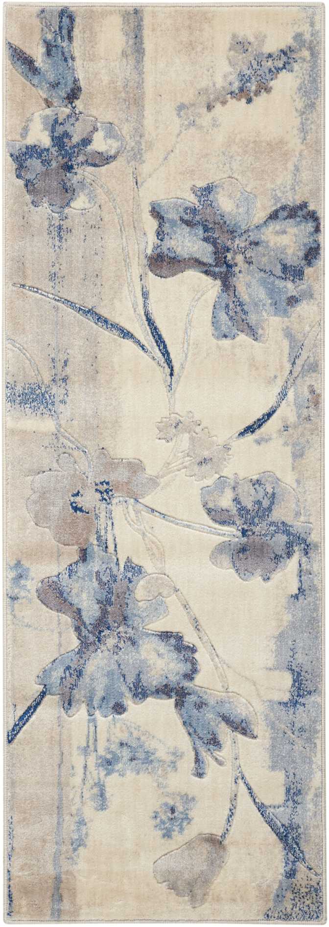 Cream runner rug with blue-gray floral pattern and vine details; watercolor-inspired design.