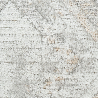 Close-up of a plush gray and ivory shag rug with beige flecks; soft, modern textured area rug.