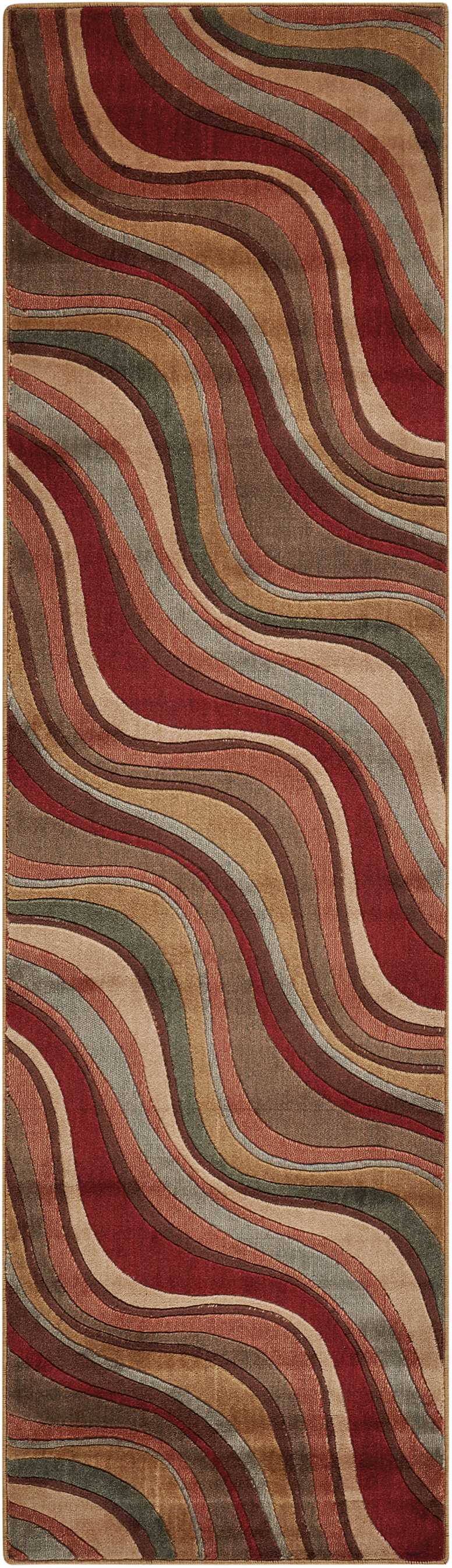 Long runner rug with sinuous multicolor waves in burgundy, tan, brown, olive and gray.