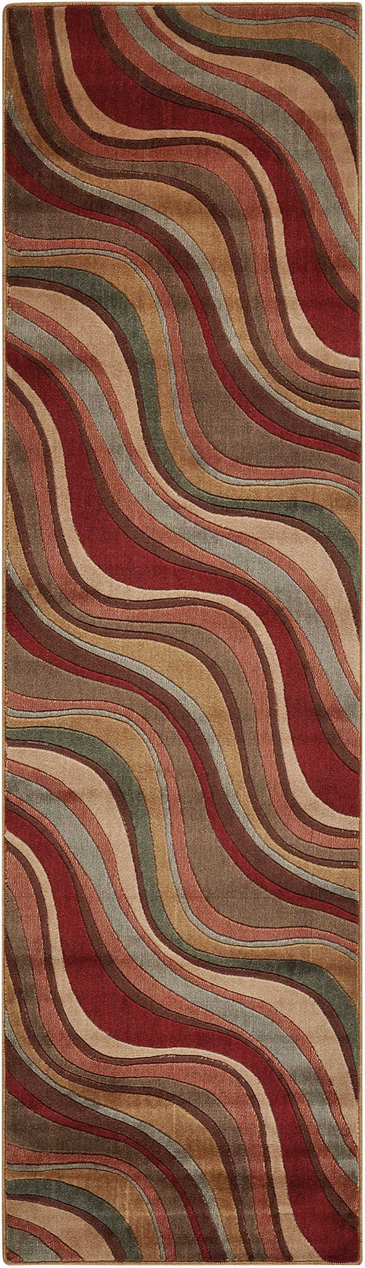 Long runner rug with sinuous multicolor waves in burgundy, tan, brown, olive and gray.