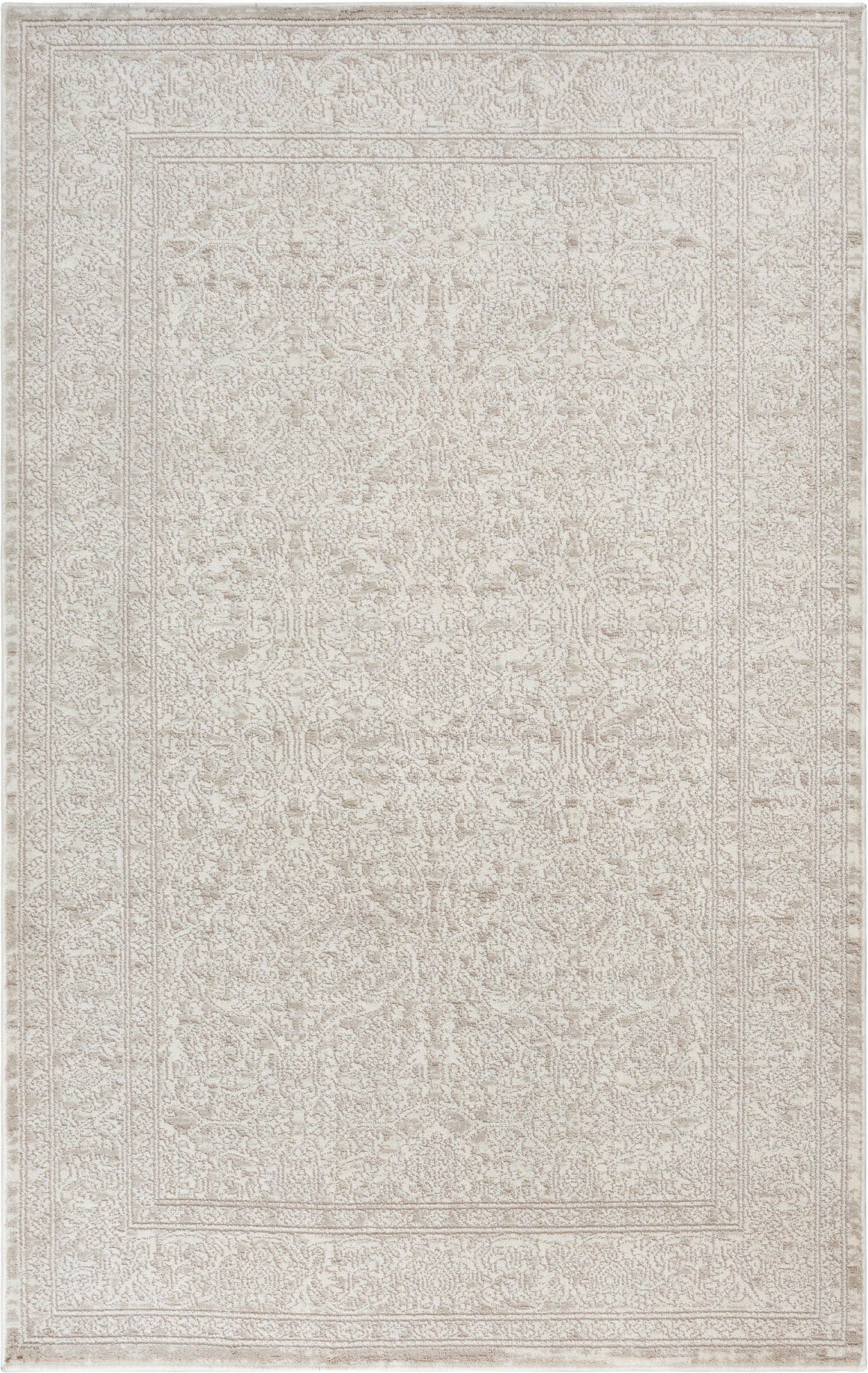 Cream/ivory rectangular rug with subtle distressed oriental motif and double bordered frame.