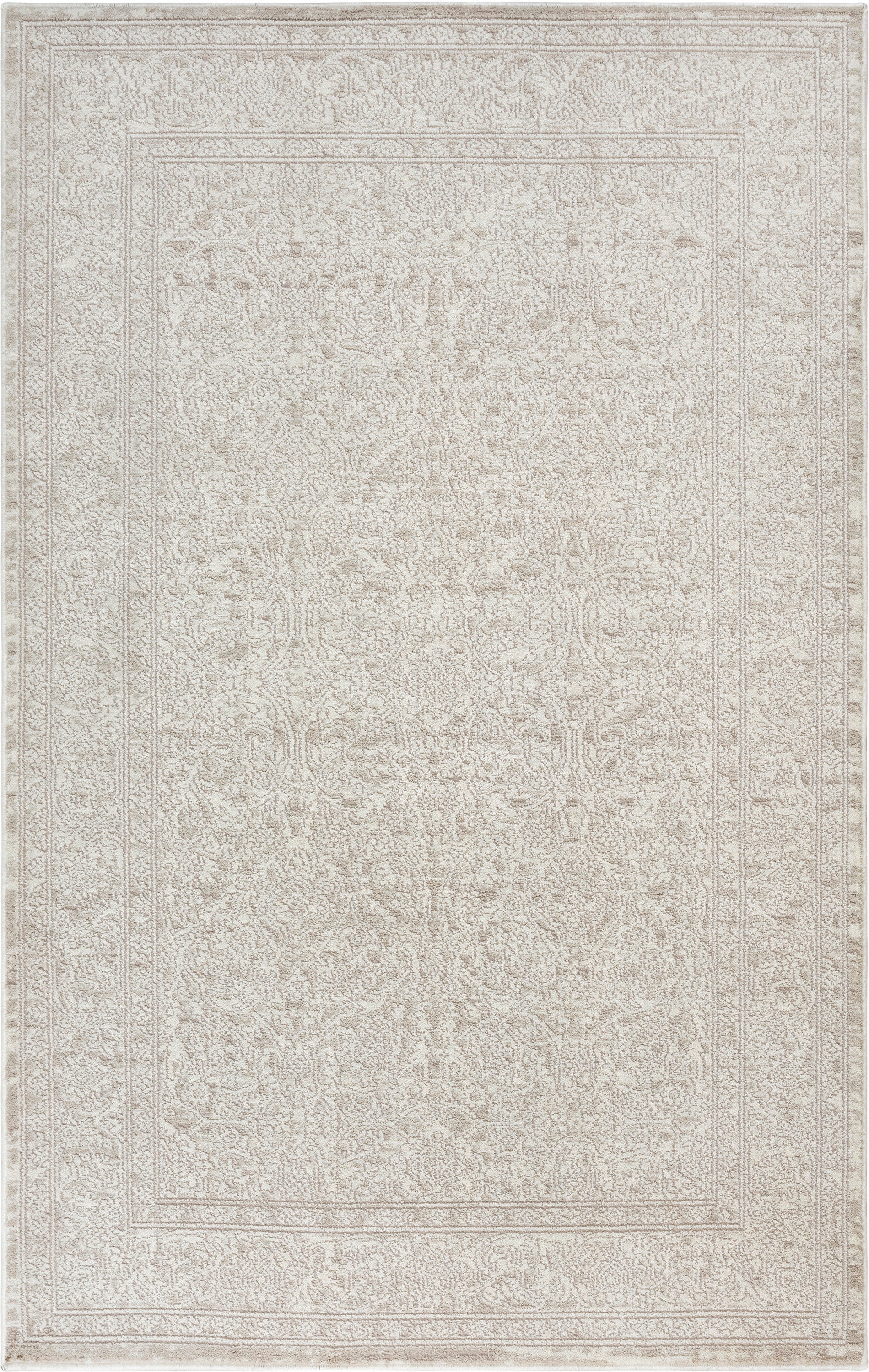 Cream/ivory rectangular rug with subtle distressed oriental motif and double bordered frame.