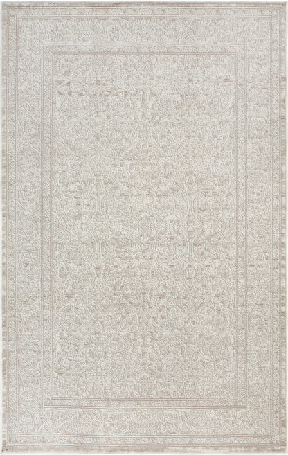 Cream/ivory rectangular rug with subtle distressed oriental motif and double bordered frame.