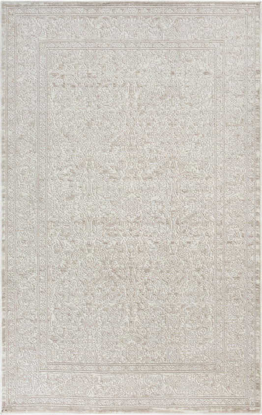 Cream/ivory rectangular rug with subtle distressed oriental motif and double bordered frame.