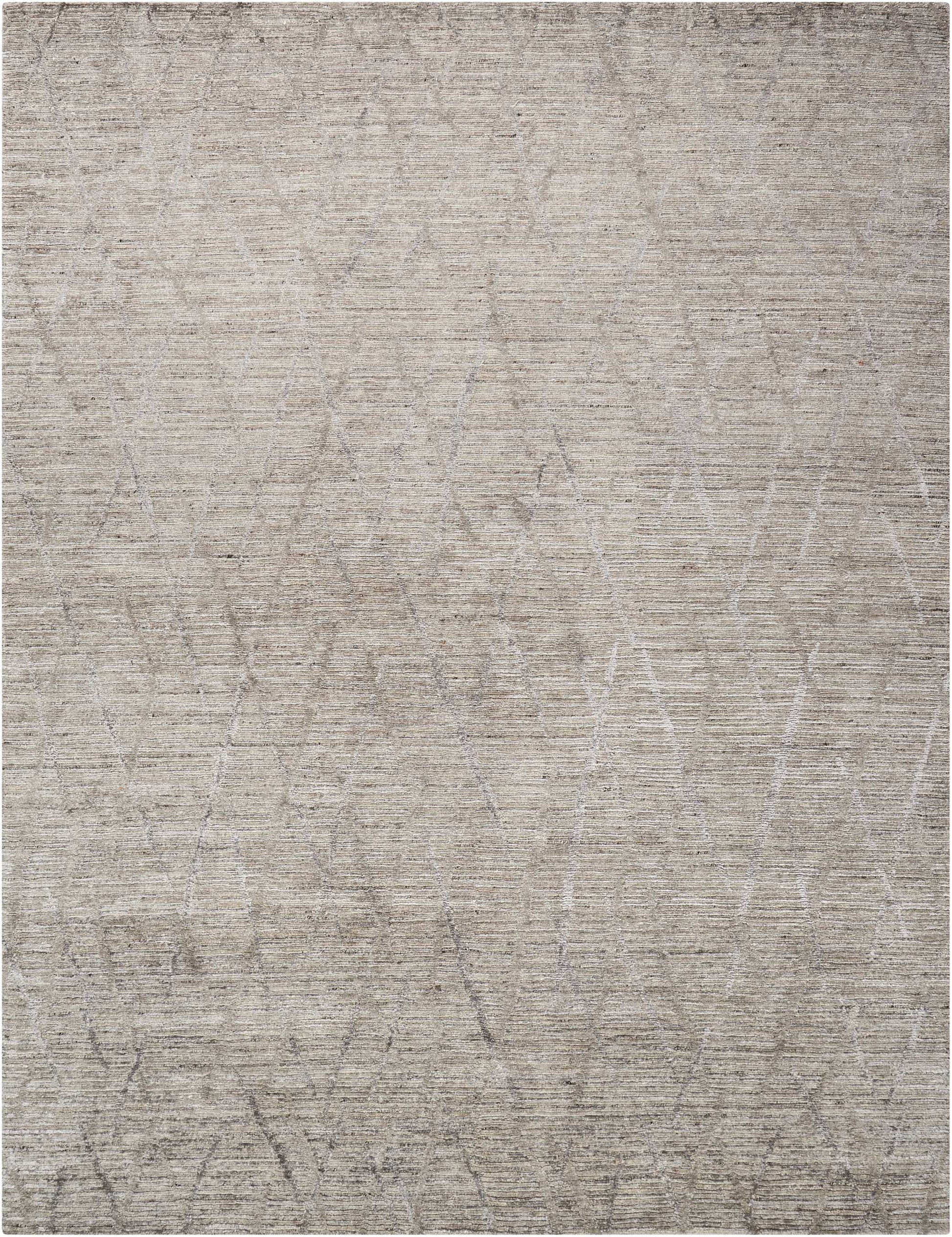 Beige area rug with subtle pale gray linear geometric pattern and soft textured pile.
