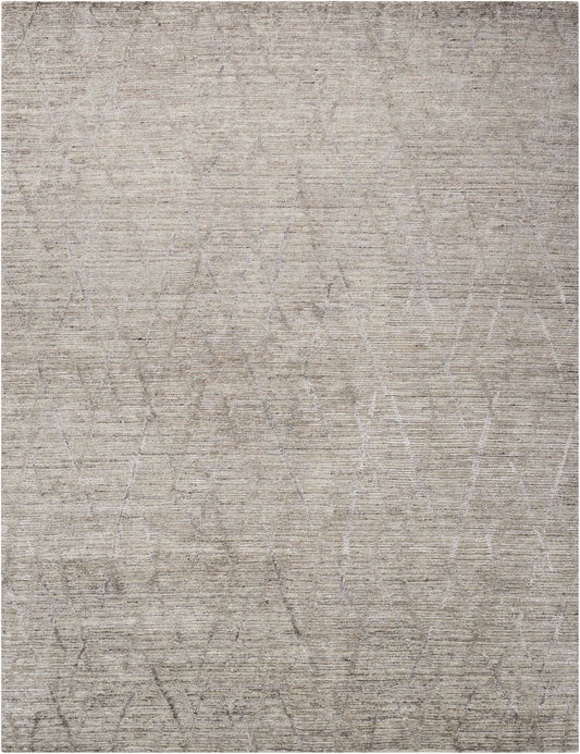 Beige area rug with subtle pale gray linear geometric pattern and soft textured pile.