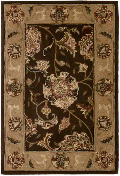 Traditional rectangular rug with dark central field, large pink floral motif, and beige border with scrolling blossoms.