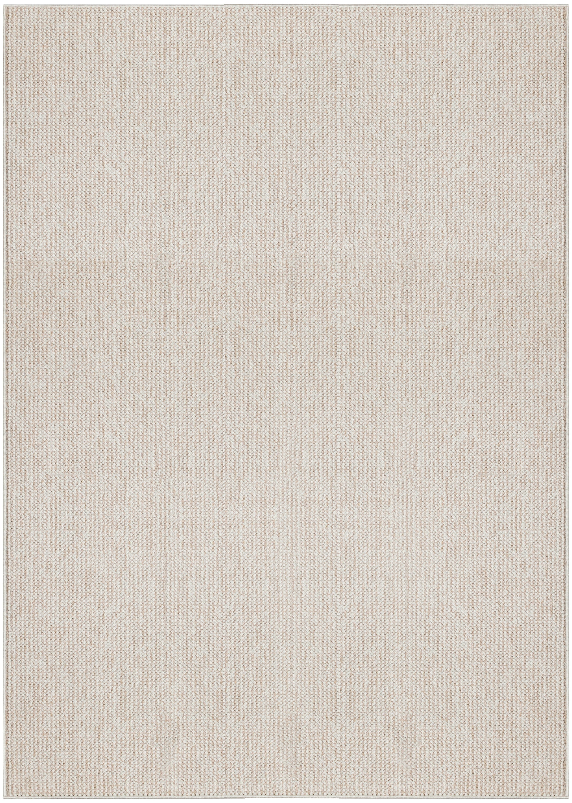 Rectangular beige woven area rug with subtle texture and slim border; versatile neutral for living rooms.