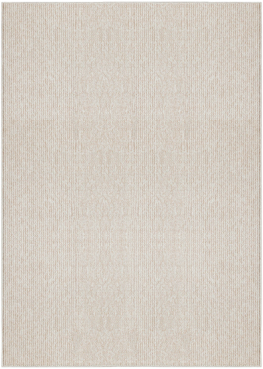 Rectangular beige woven area rug with subtle texture and slim border; versatile neutral for living rooms.