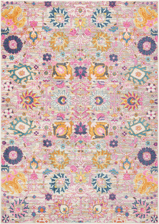 Vibrant oriental-style area rug with pink, yellow, teal & purple floral motifs on a soft beige background.