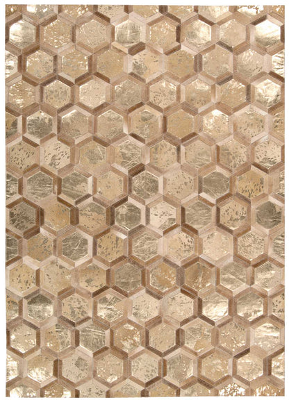 Beige & gold hexagonal mosaic tile in honeycomb pattern with metallic sheen and warm tones