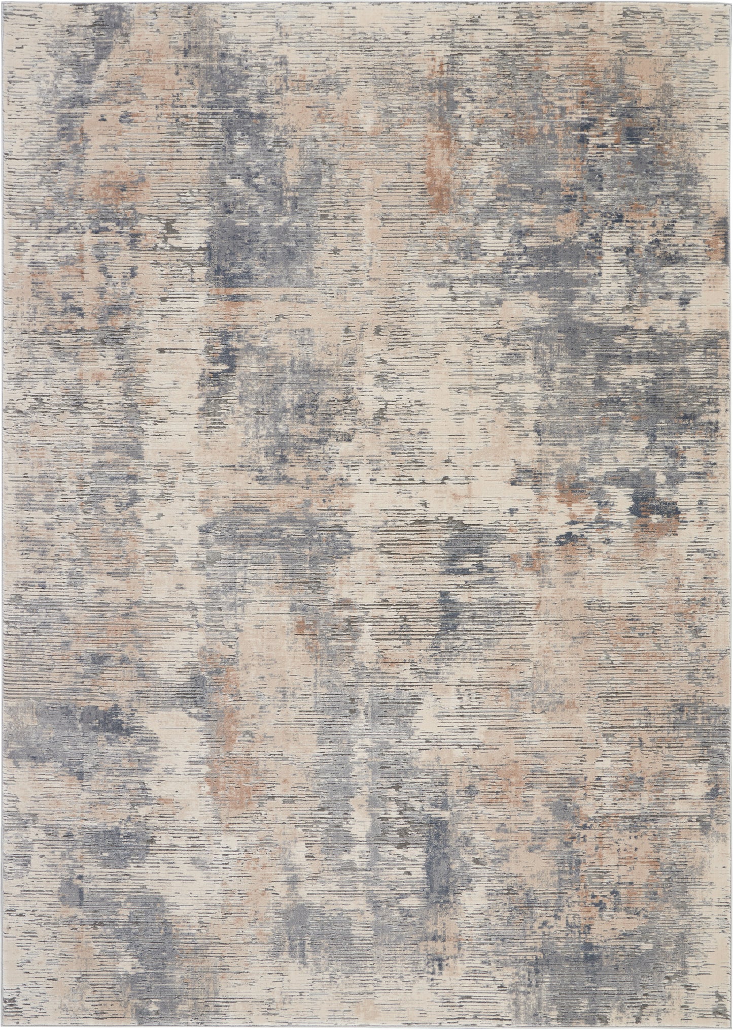 Rectangular abstract area rug in beige, gray-blue & peach tones with distressed pattern.