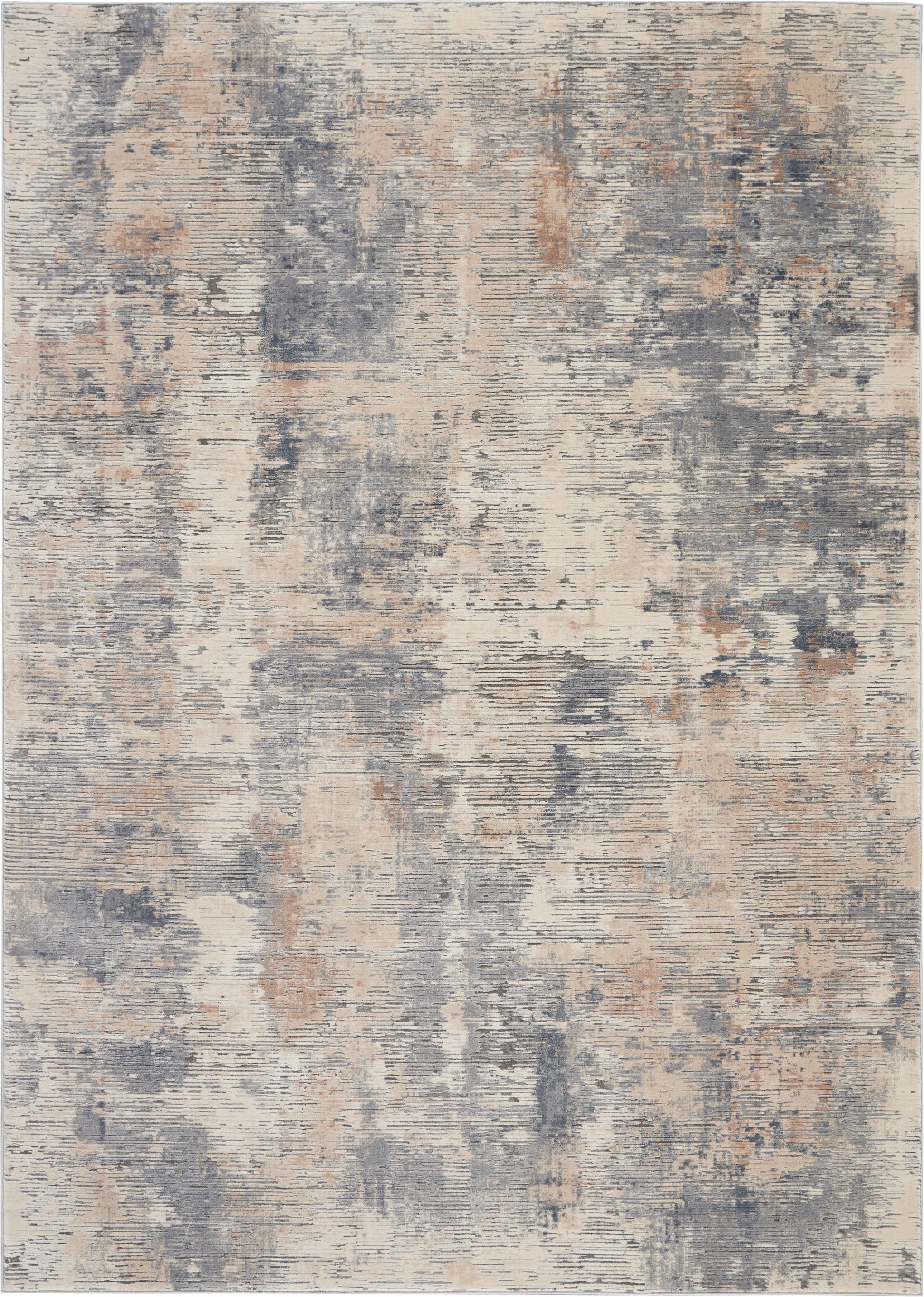Rectangular abstract area rug in beige, gray-blue & peach tones with distressed pattern.