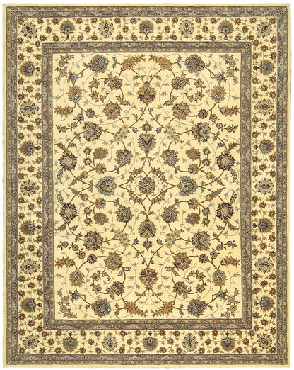 Persian-style floral area rug with cream field, blue and brown blossoms, and layered blue-beige borders.