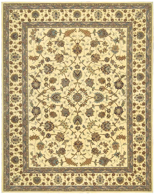 Persian-style floral area rug with cream field, blue and brown blossoms, and layered blue-beige borders.