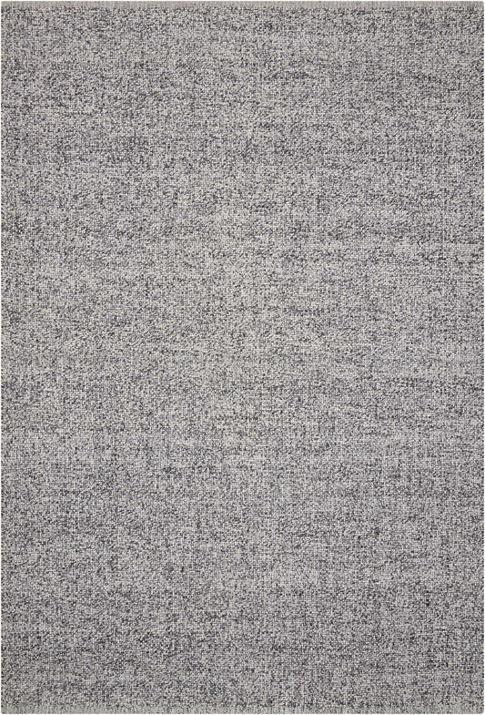 Grey textured rug with speckled heather pattern; soft woven look, modern neutral area rug.
