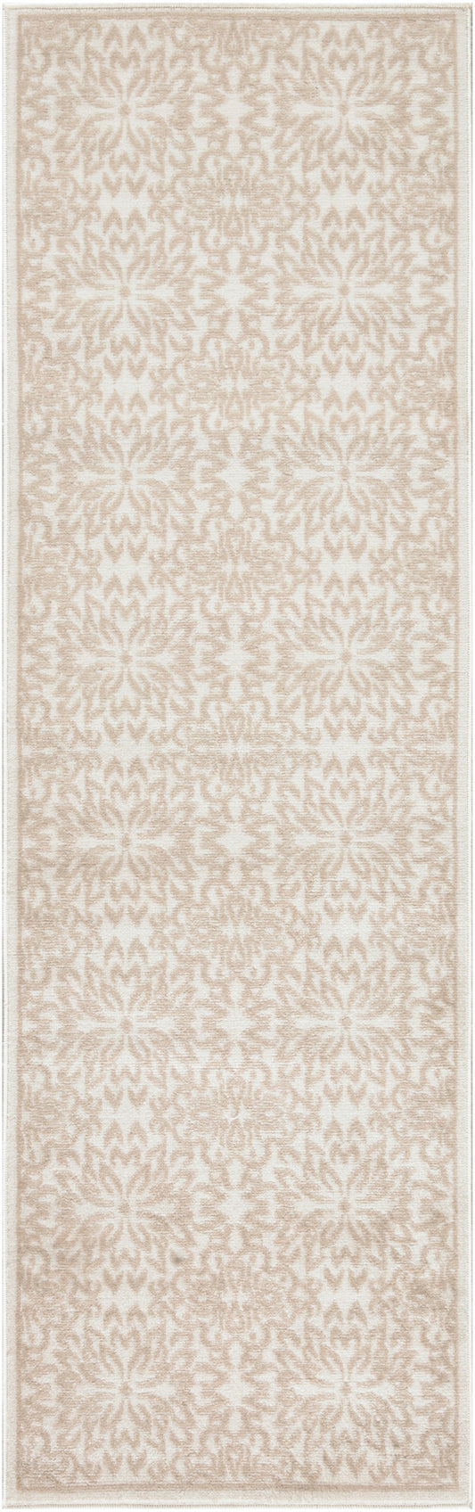 Beige area rug with a repeating cream geometric pattern and a subtle border.