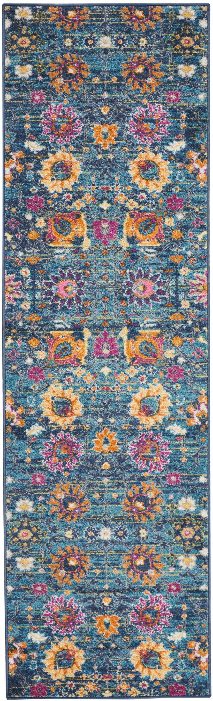 Teal Oriental runner rug with vibrant orange, pink and yellow florals in a distressed pattern; long narrow.